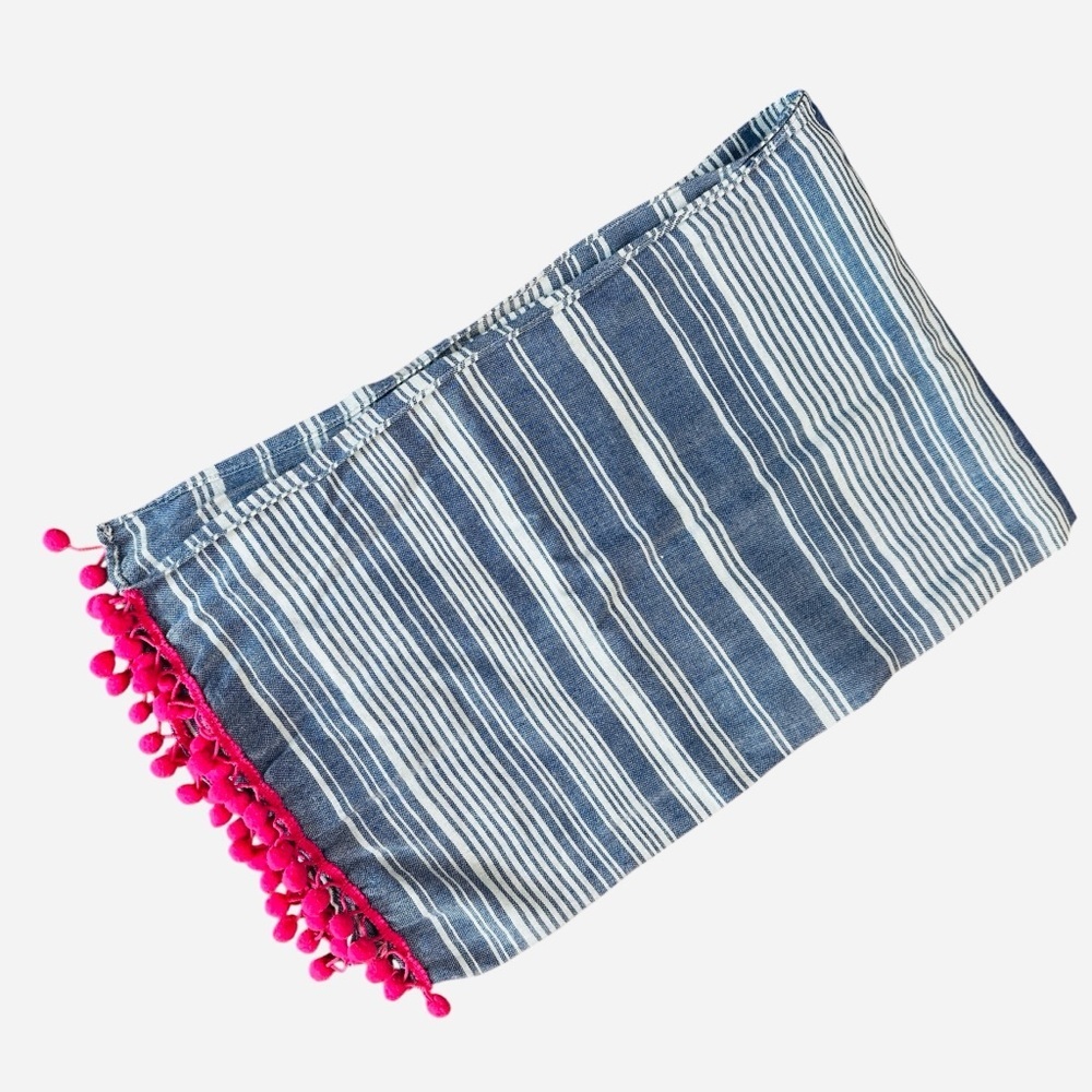 Blue and white striped spring summer scarf with pink pom pom trim - Picture 3 of 5